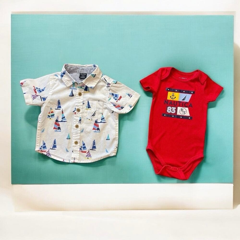 Nautica Baby Sailboat Polo Shirt & Red Bodysuit 2PC Set Short Sleeve Boys 6-9M